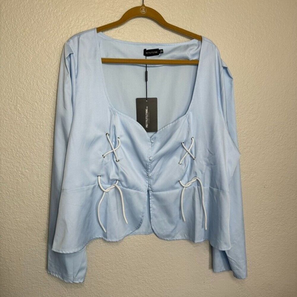 Pretty Little Thing Blouse Women 20 Tie Detail Corset Blue Coquette Cottagecore